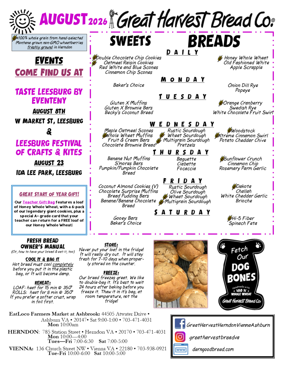 August 2026 Menu - Great Harvest Bread Co. - Herndon & Vienna